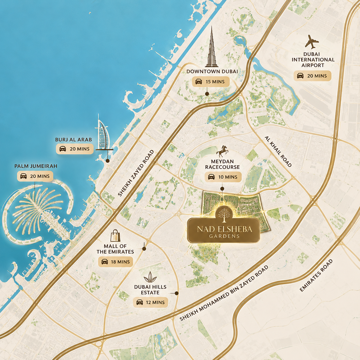 Illustrated map of Nad Al Sheba Gardens and nearby Dubai landmarks